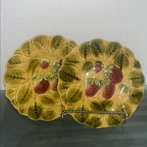 Antique Majolica Plate Yellow With Strawberries 7.5” Sarreguemines France X2